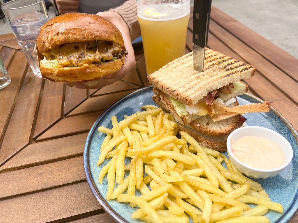 Club sandwich and a burger