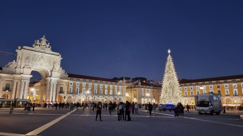 A Christmas tree at night